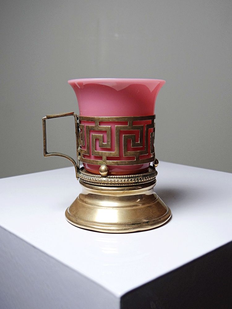 Antique pink opaline glass and gilt brass cup/candle holder, 19th century