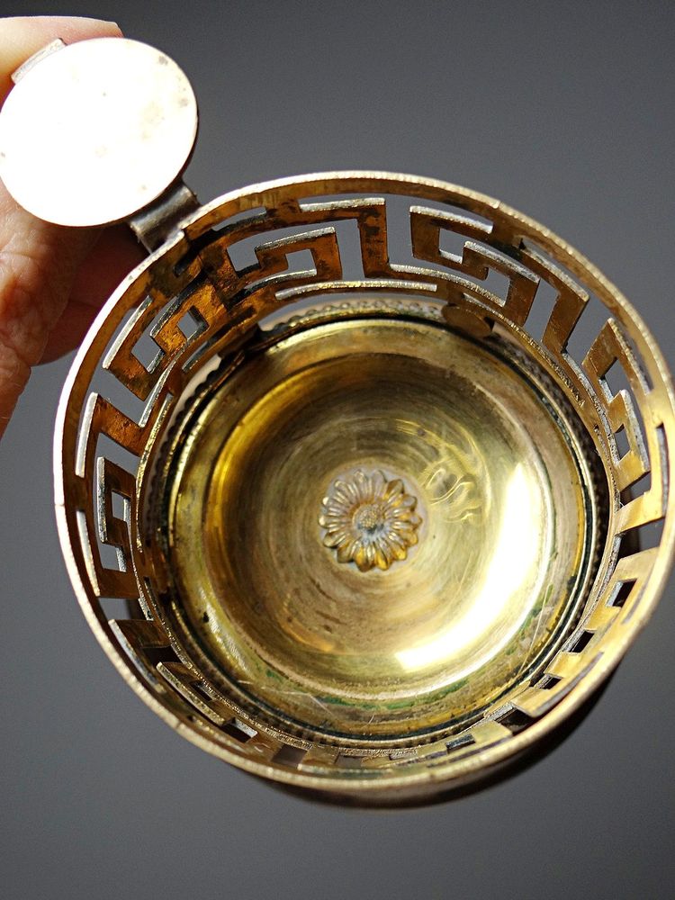 Antique pink opaline glass and gilt brass cup/candle holder, 19th century