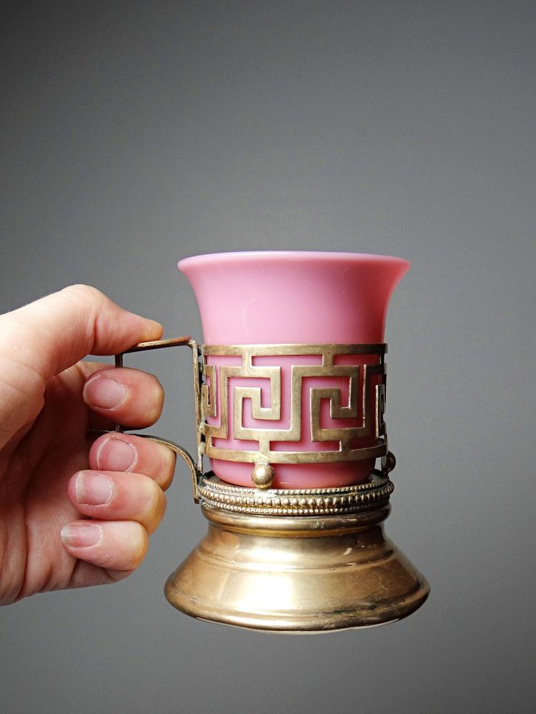 Antique pink opaline glass and gilt brass cup/candle holder, 19th century