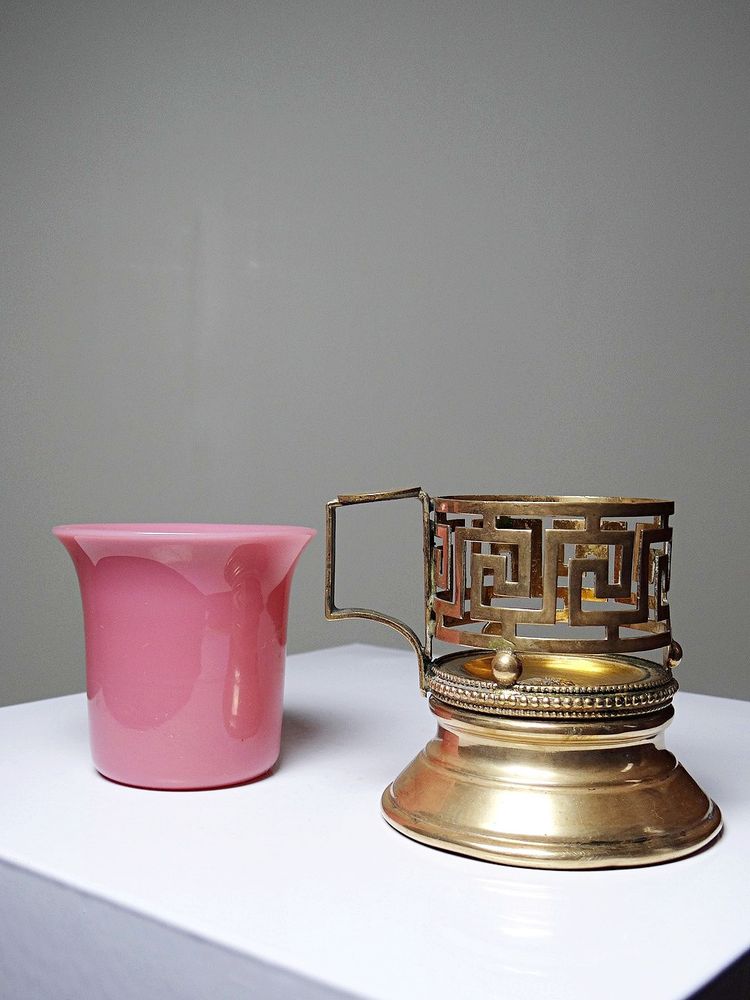 Antique pink opaline glass and gilt brass cup/candle holder, 19th century