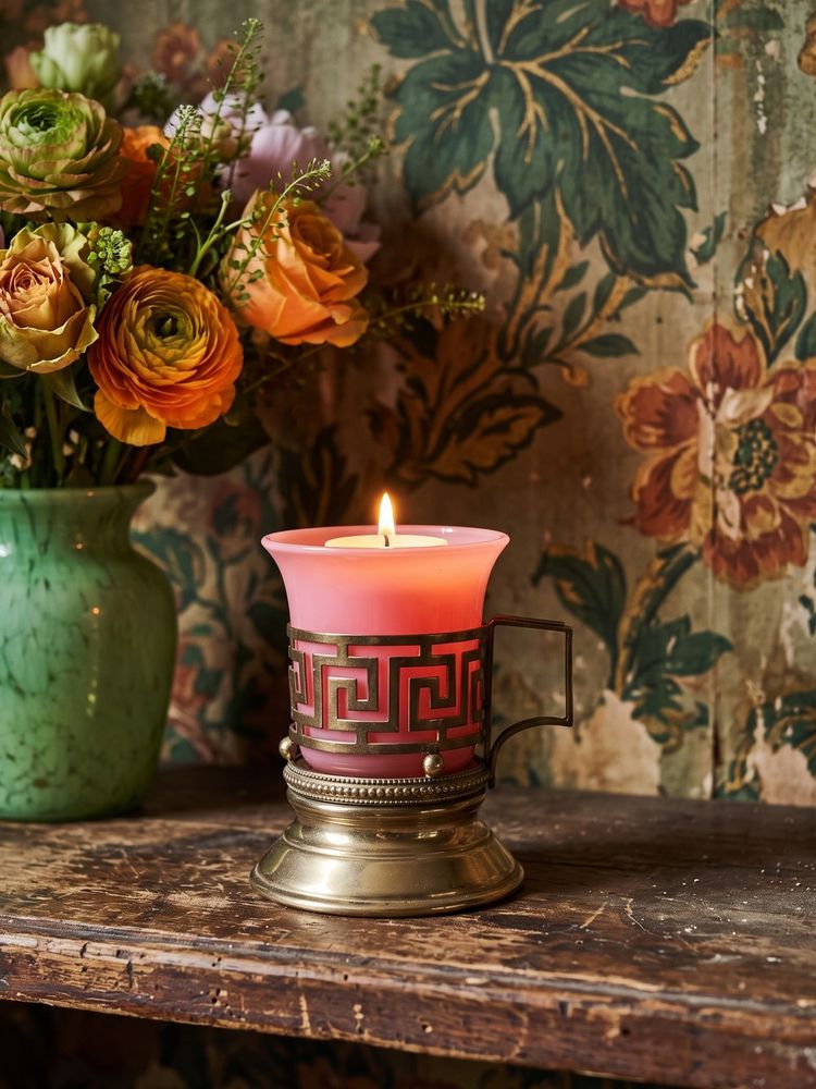 Antique pink opaline glass and gilt brass cup/candle holder, 19th century