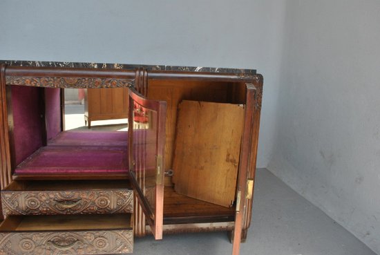 Credenza in mogano Art Déco con piano in marmo Portor