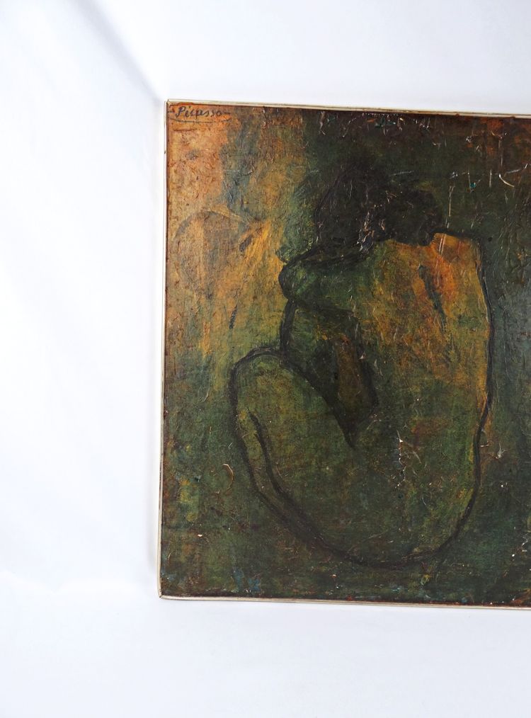 Nudo blu di Pablo Picasso, riproduzione a olio pressato su tavola, anni '80
