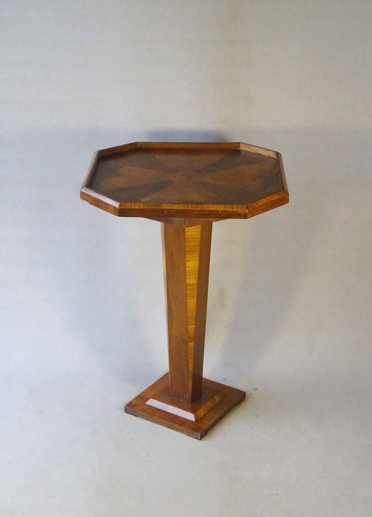 Side table, Art Deco marquetry pedestal table, polygonal shape, circa 1930