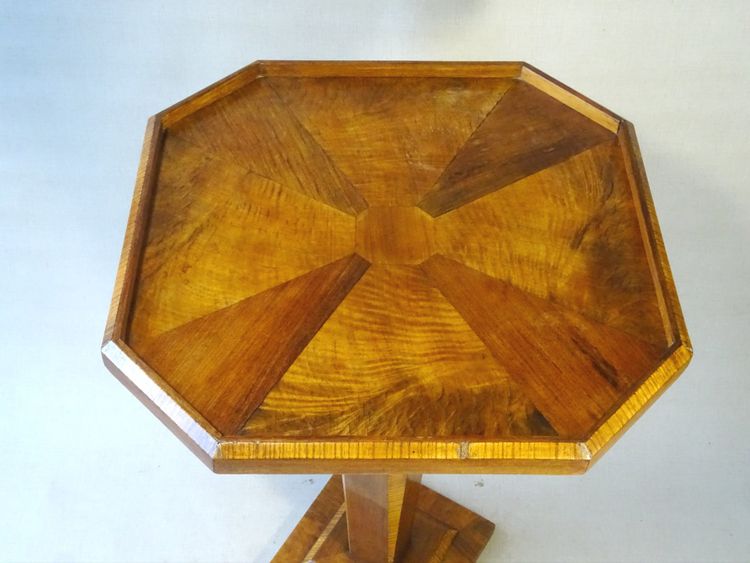 Side table, Art Deco marquetry pedestal table, polygonal shape, circa 1930