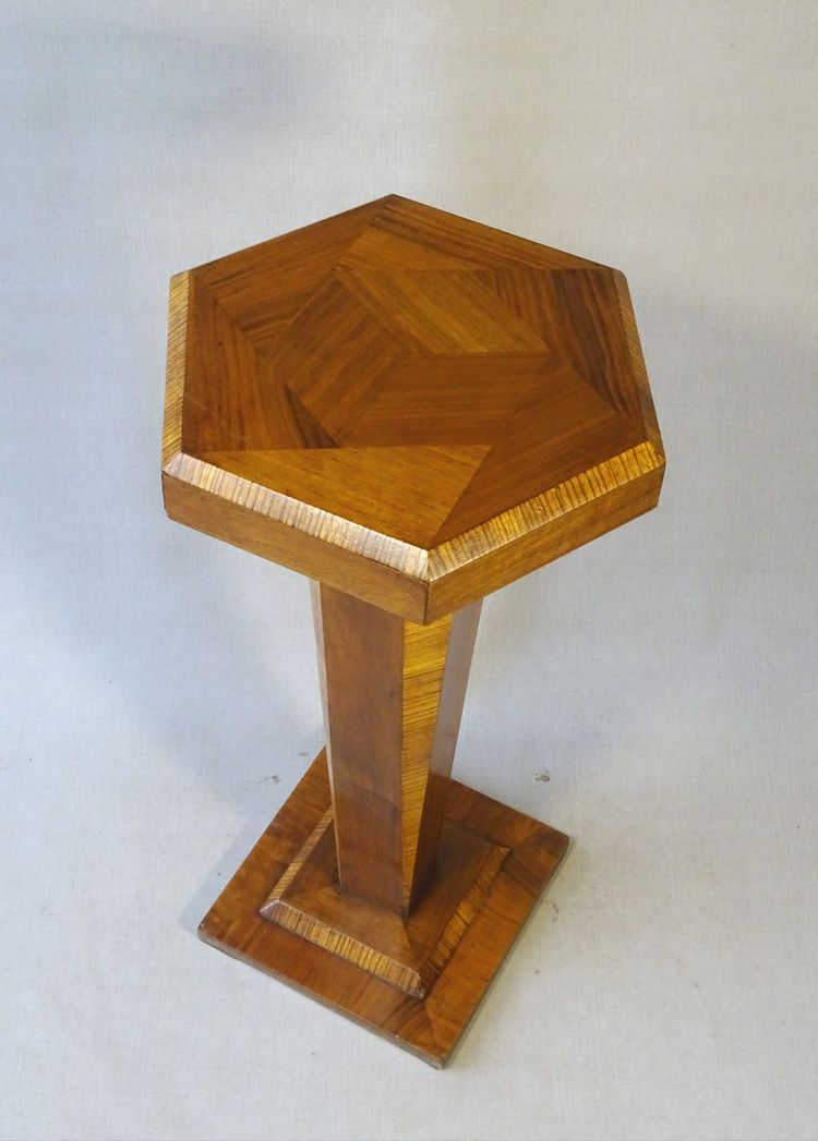 Side table, Art Deco marquetry pedestal table, polygonal shape, circa 1930