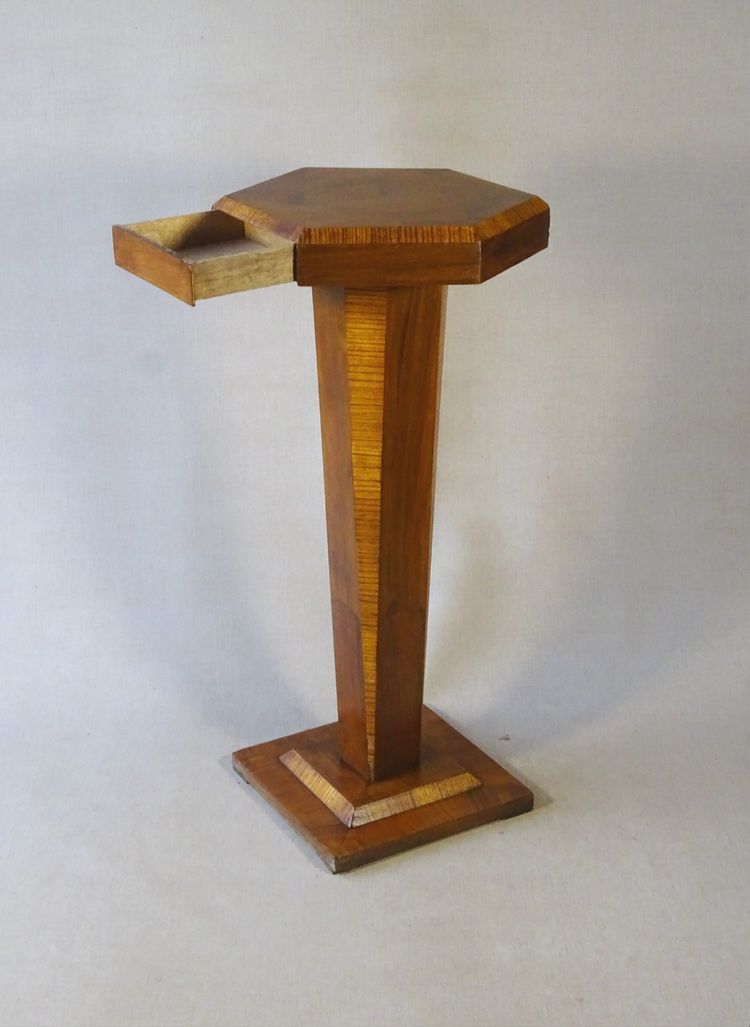 Side table, Art Deco marquetry pedestal table, polygonal shape, circa 1930