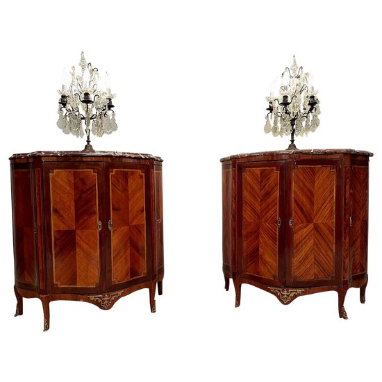 Pair Of Curved Buffets In Marquetry Transition Louis XV Louis XVI XVIII