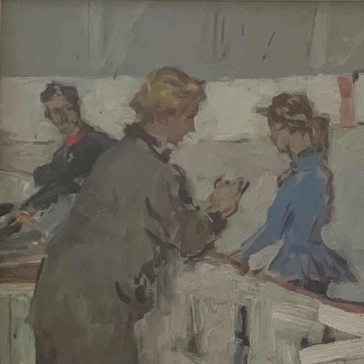 Olio su pannello rigido, 1960, raffigurante pattinatori sul ghiaccio e giudici.