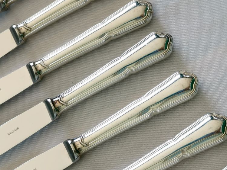 Set di 12 coltelli da tavola grandi Ercuis Victoria, con manico in metallo argentato e lama in acciaio inossidabile.