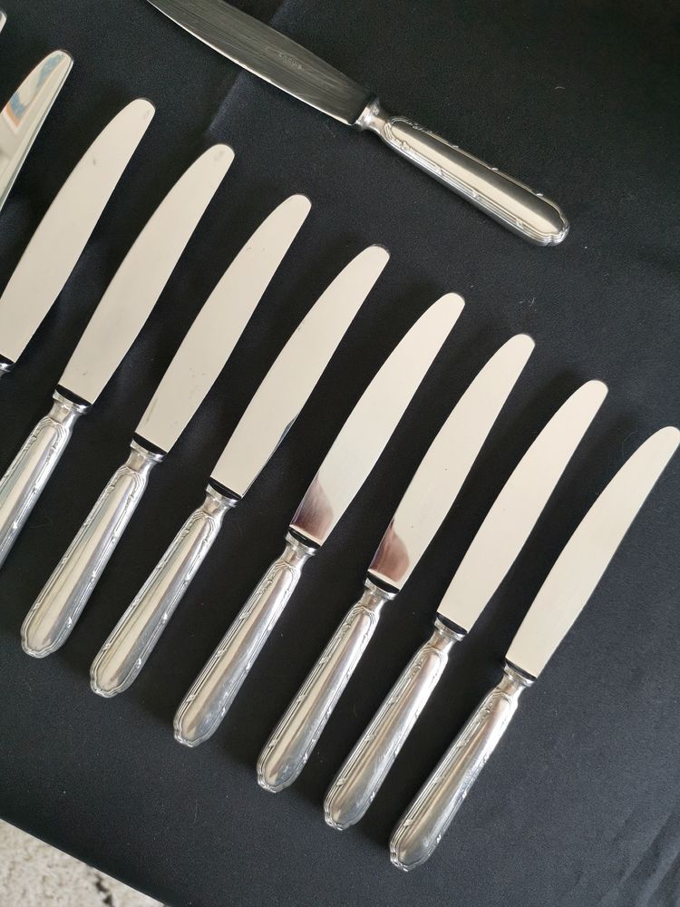 Set di 12 grandi coltelli da tavola Ercuis Trianon placcati in argento, in ottime condizioni, lama in acciaio inox da 24,5 cm.