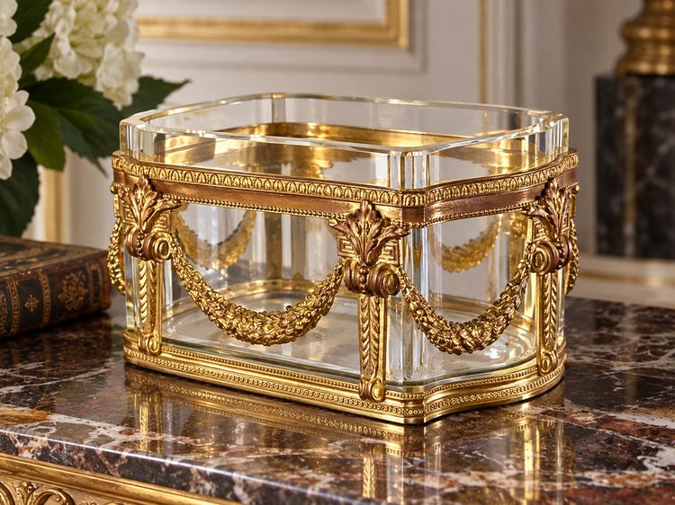 LOUIS XVI STYLE THICK CRYSTAL AND GILT BRONZE BOWL/PLANTER