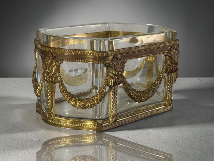 LOUIS XVI STYLE THICK CRYSTAL AND GILT BRONZE BOWL/PLANTER