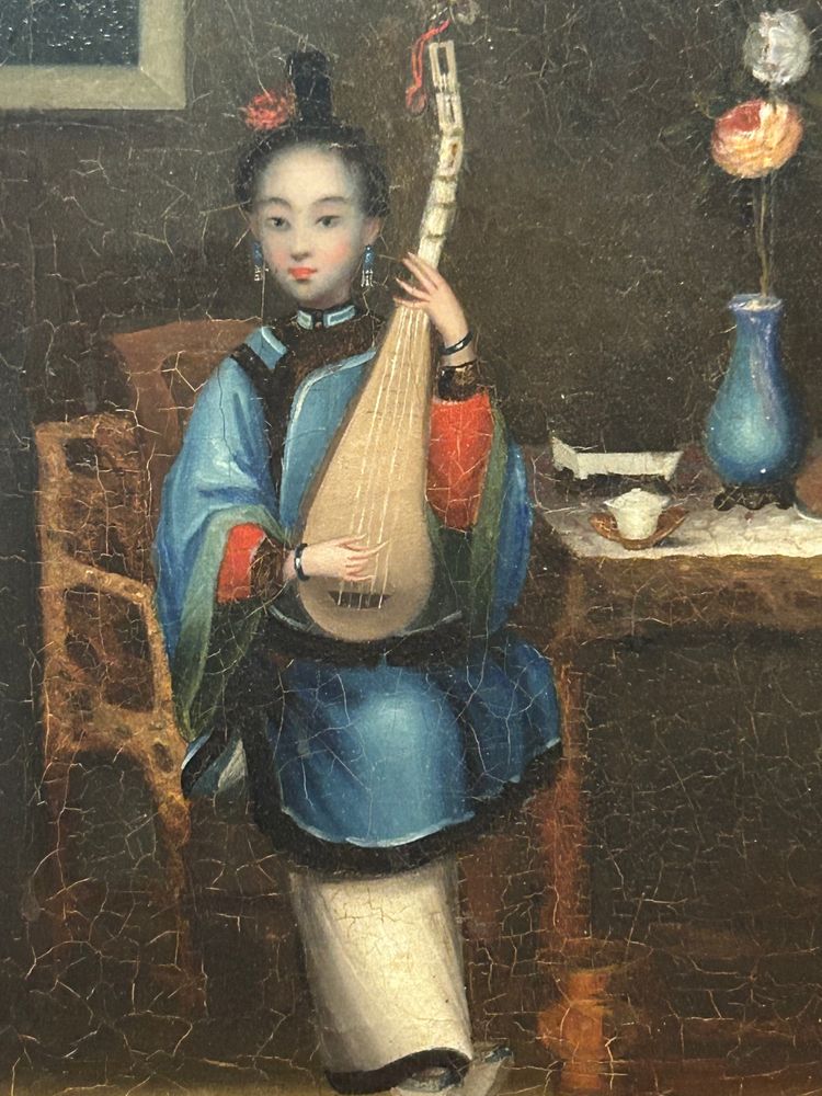 Oil painting on canvas of a young Asian woman playing the pipa - 19th century Chinese school