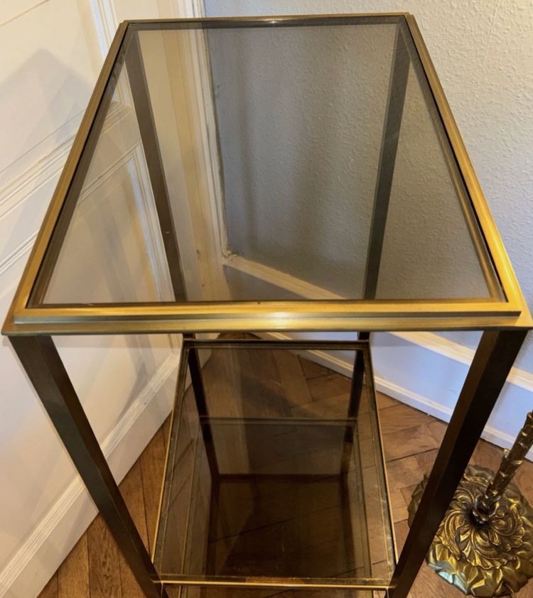 RAMSAY House Rectangular serving cart or shelf, in gilded brass and glass panels