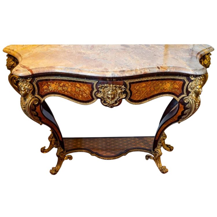 Console de style Régence en marqueterie florale et bronze doré, époque Napoléon III