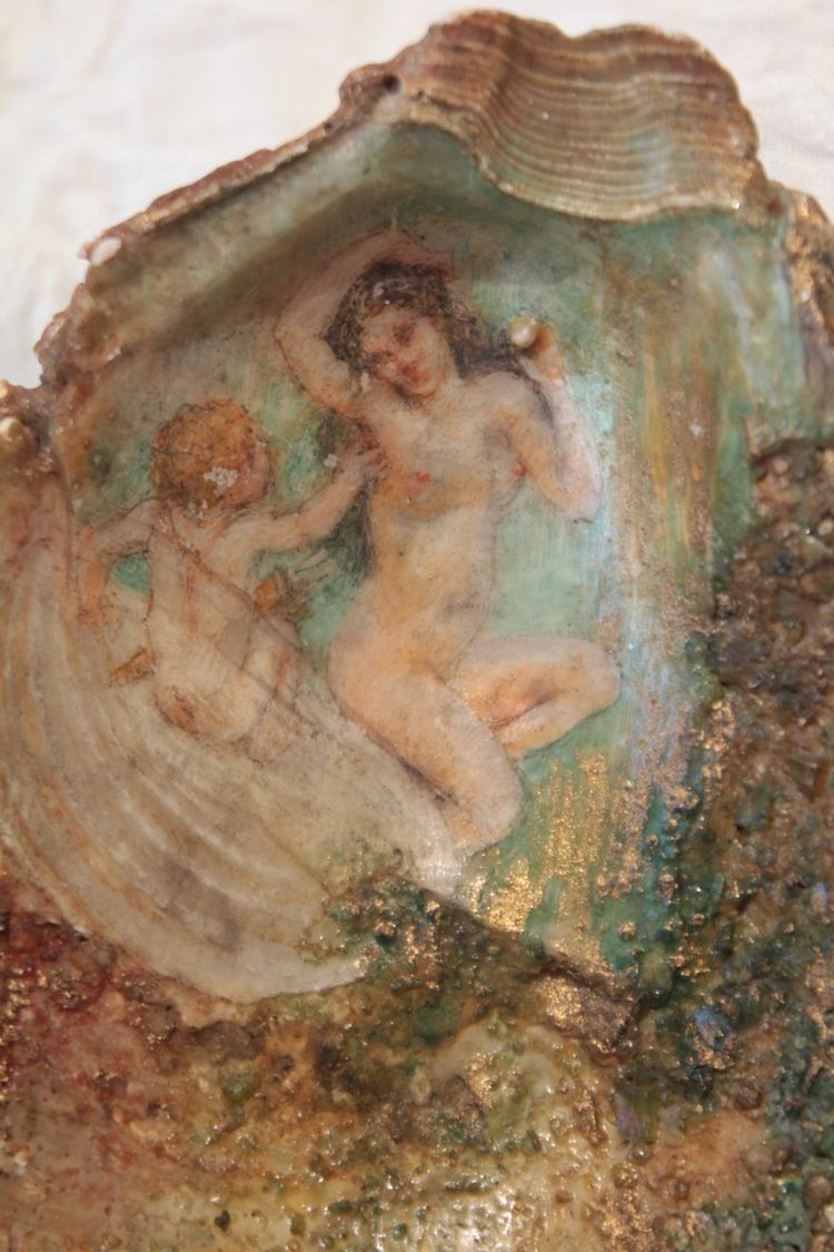 Painted seashell 'Venus and putto' dated 1917