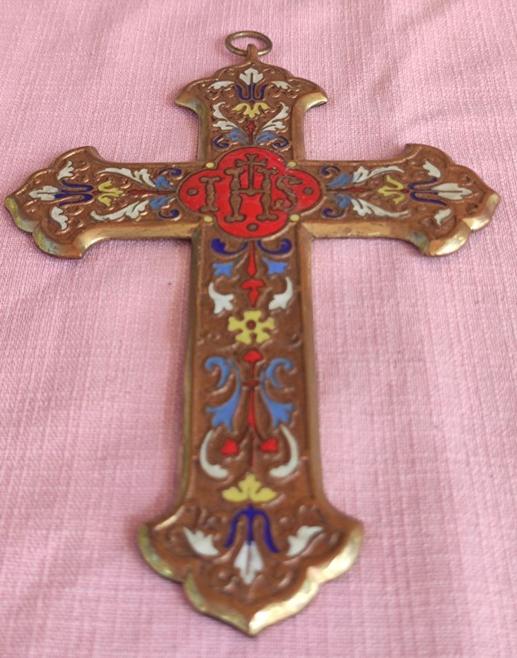 Ancienne grande croix  IHS émail cloisonné 