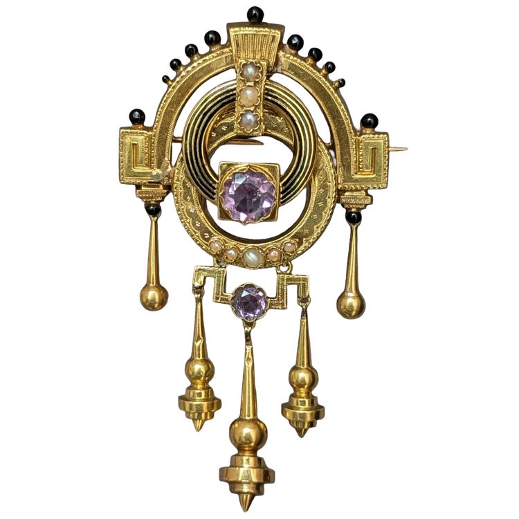 Antique Broche Epoque Napoléon III en or 18k/750 émaillé et améthyste 8.46 g CIRCA 1860