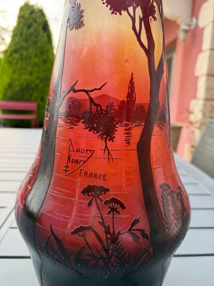 DAUM NANCY - Importante vaso Art Nouveau "Paesaggio lacustre al crepuscolo" - Altezza 66 cm