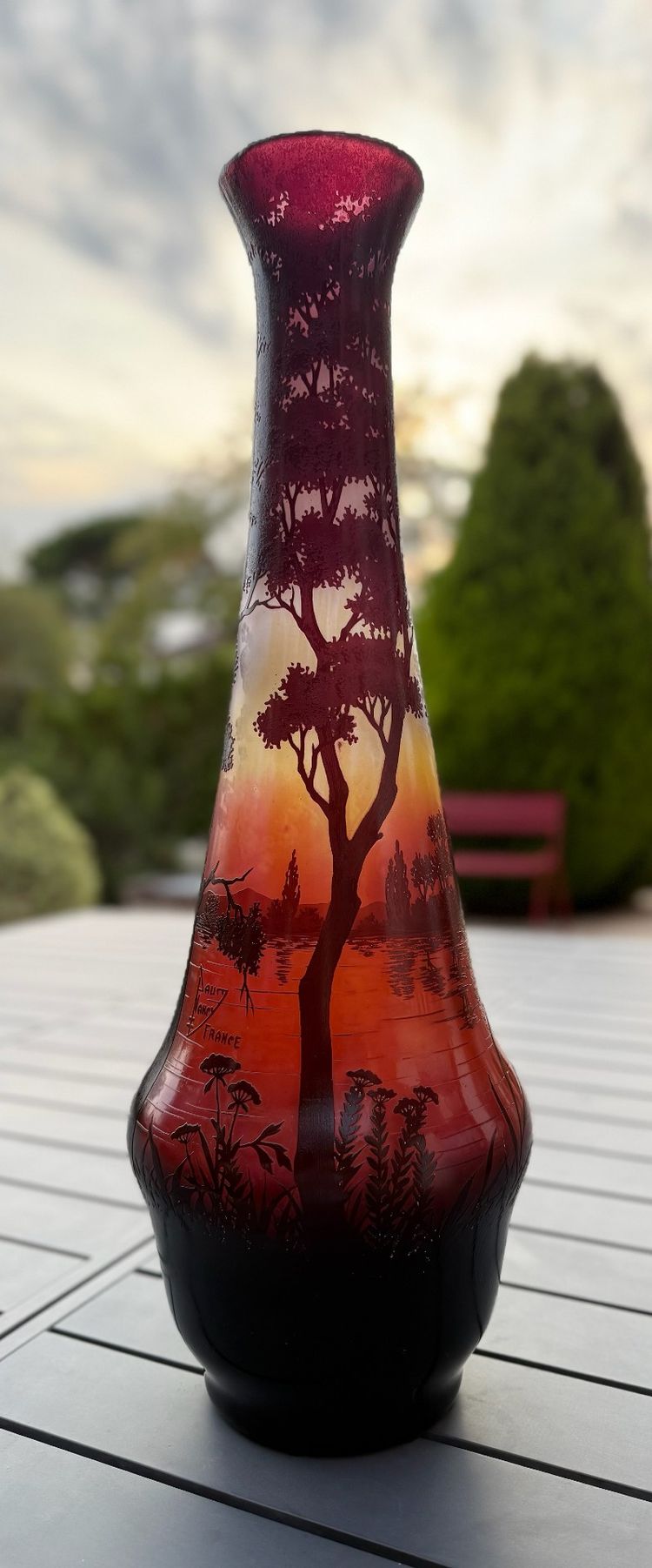 DAUM NANCY - Importante vaso Art Nouveau "Paesaggio lacustre al crepuscolo" - Altezza 66 cm