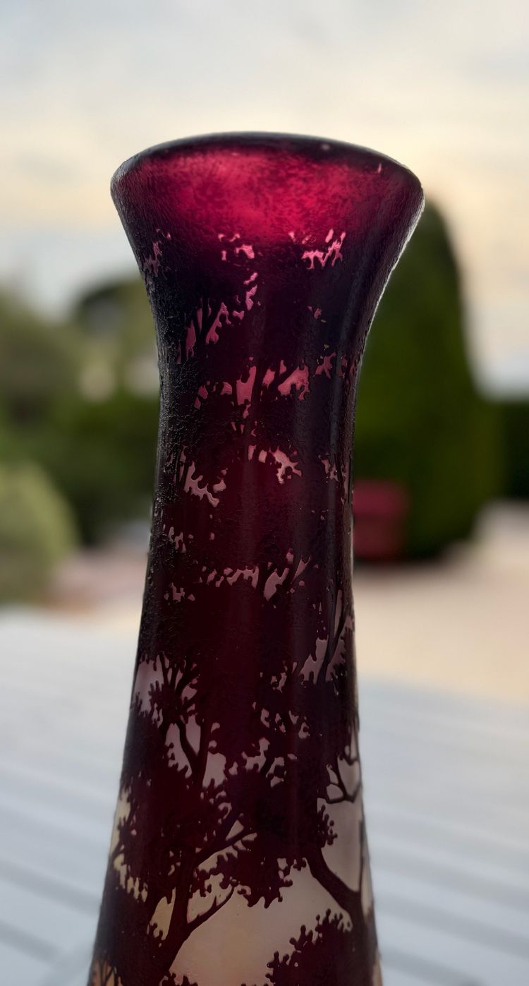 DAUM NANCY - Importante vaso Art Nouveau "Paesaggio lacustre al crepuscolo" - Altezza 66 cm