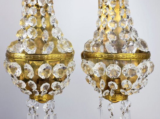 Pair Of Golden Brass And Crystal Sconces