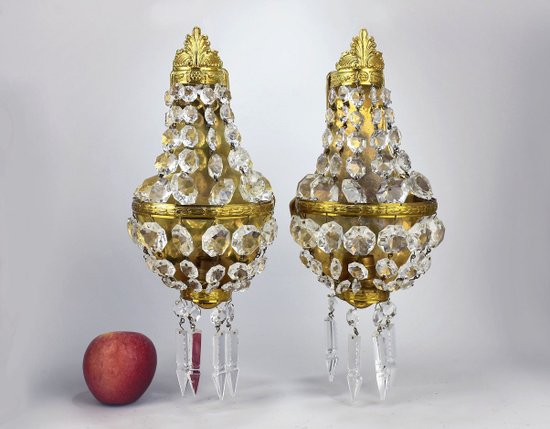 Pair Of Golden Brass And Crystal Sconces