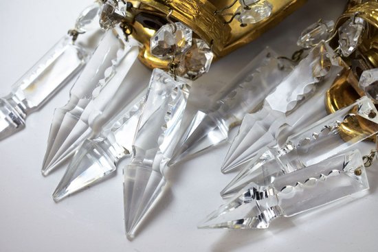 Pair Of Golden Brass And Crystal Sconces