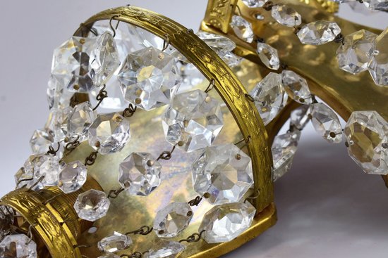 Pair Of Golden Brass And Crystal Sconces