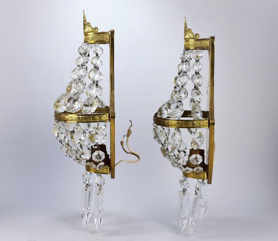 Pair Of Golden Brass And Crystal Sconces