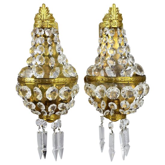 Pair Of Golden Brass And Crystal Sconces