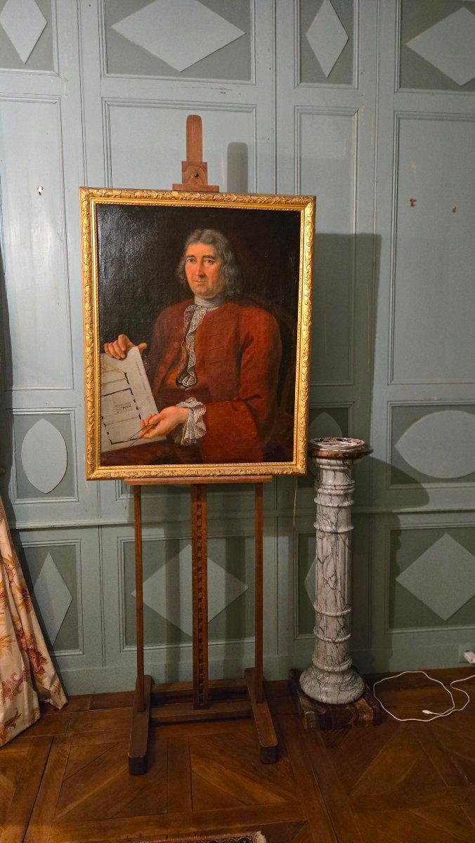 Portrait of an architect with a compass Oil on canvas signed and dated 1757 18th century.