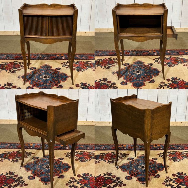 Comodino in stile Luigi XV con tende, realizzato in legno di faggio, degli anni '50.