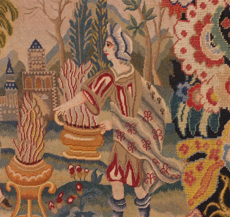 19th-century Brussels Tapestry – Flowering Foliage And A Romantic Scene