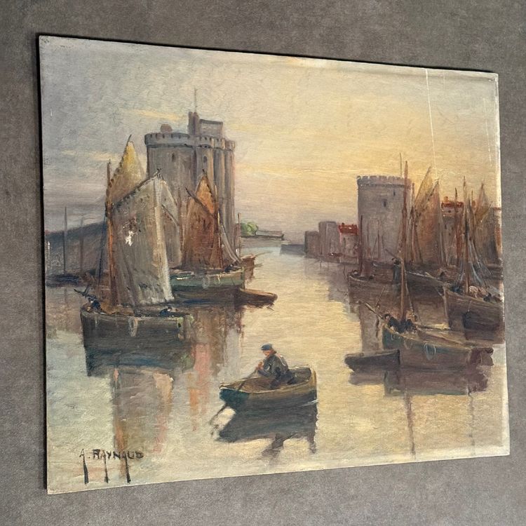 Huile sur panneau par Alexandre Raynaud port de La Rochelle XXe bateaux