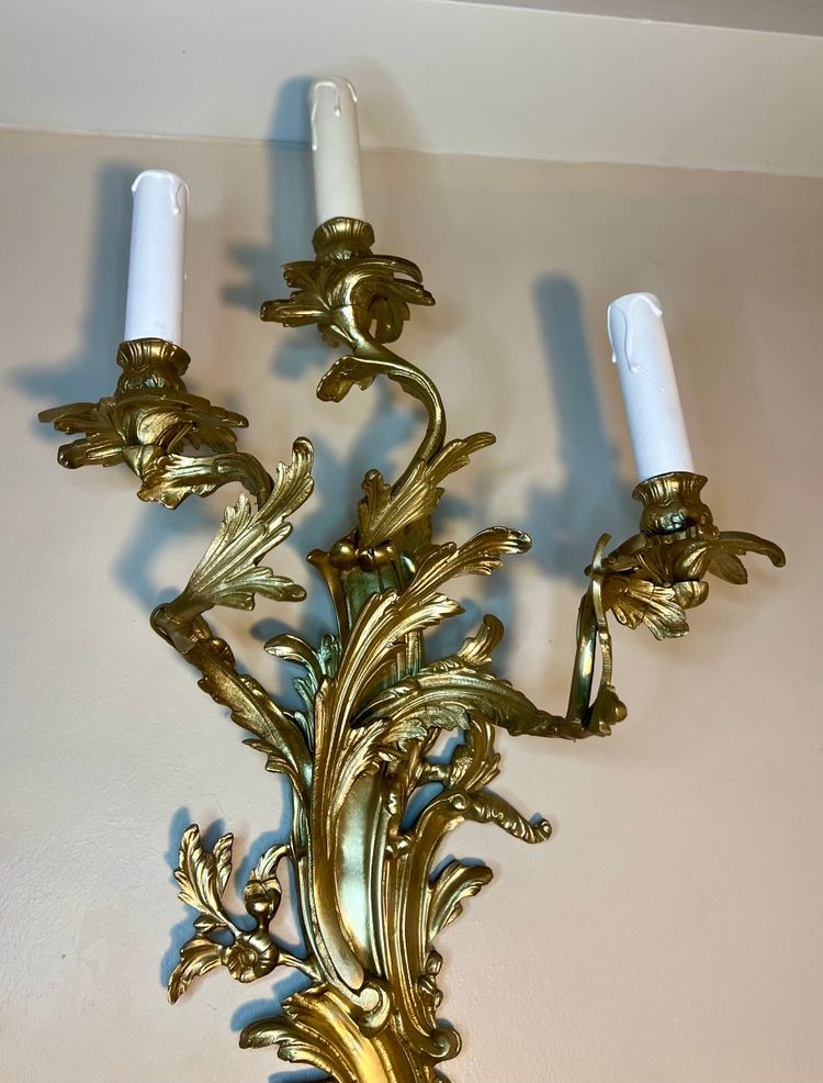 Large pair of rocaille style Louis XV wall sconces, 3 lights