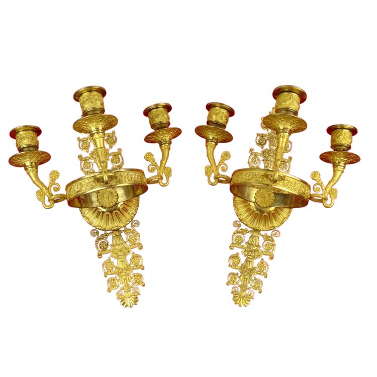Paire d’Appliques en Bronze Doré d’Époque Empire - 3 Bras de Lumière - Paris vers 1810