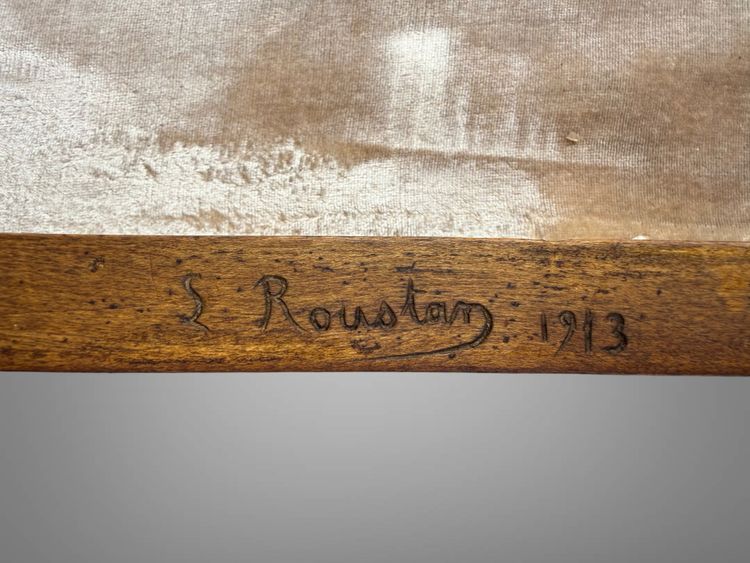 CARVED WALNUT COLLECTOR'S DISPLAY CASE / SIGNED "L. ROUSTAN 1913"