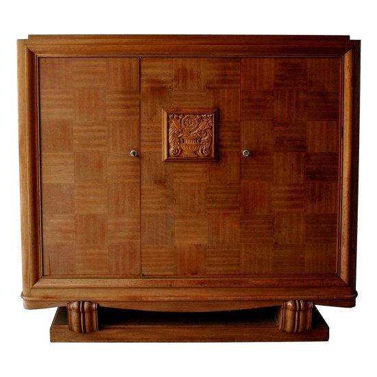 Credenza alta stile anni '40 in mogano biondo a scacchi