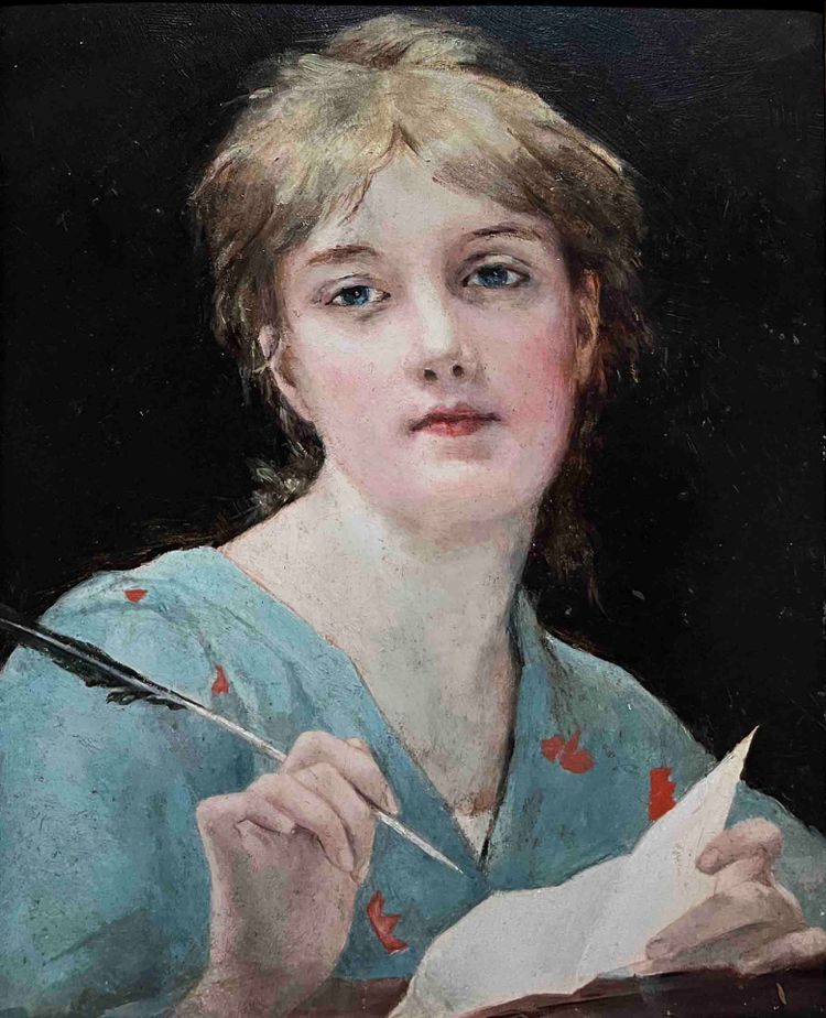 Ölgemälde auf Holz, um 1900, Jugendstilporträt „Frau mit einem Brief“ + Rahmen