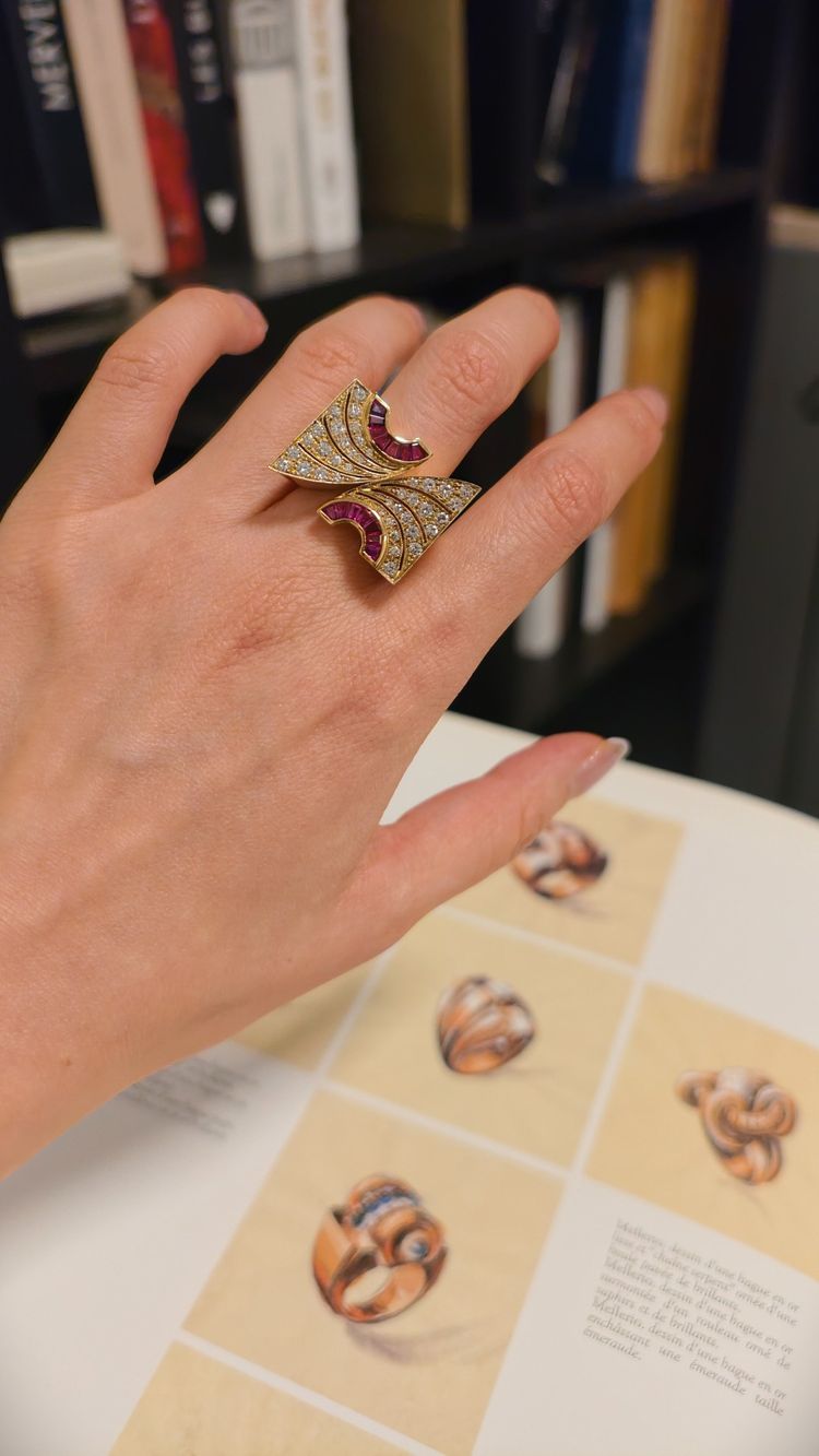 18k Yellow Gold, Diamond, and Ruby Tank Ring, 1980s–1990s