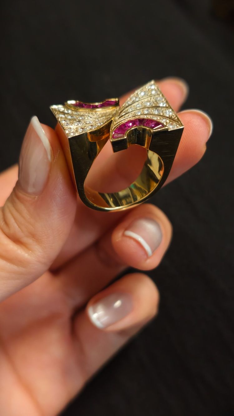 18k Yellow Gold, Diamond, and Ruby Tank Ring, 1980s–1990s