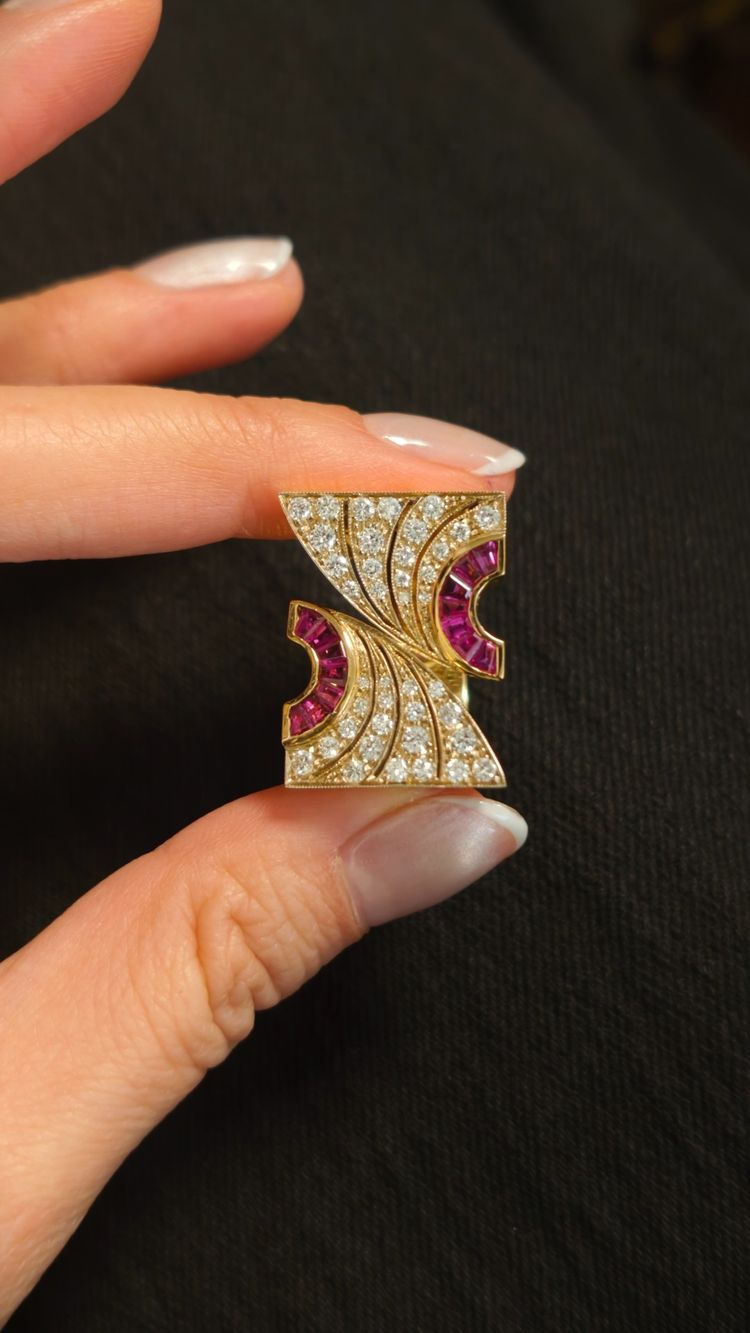 18k Yellow Gold, Diamond, and Ruby Tank Ring, 1980s–1990s