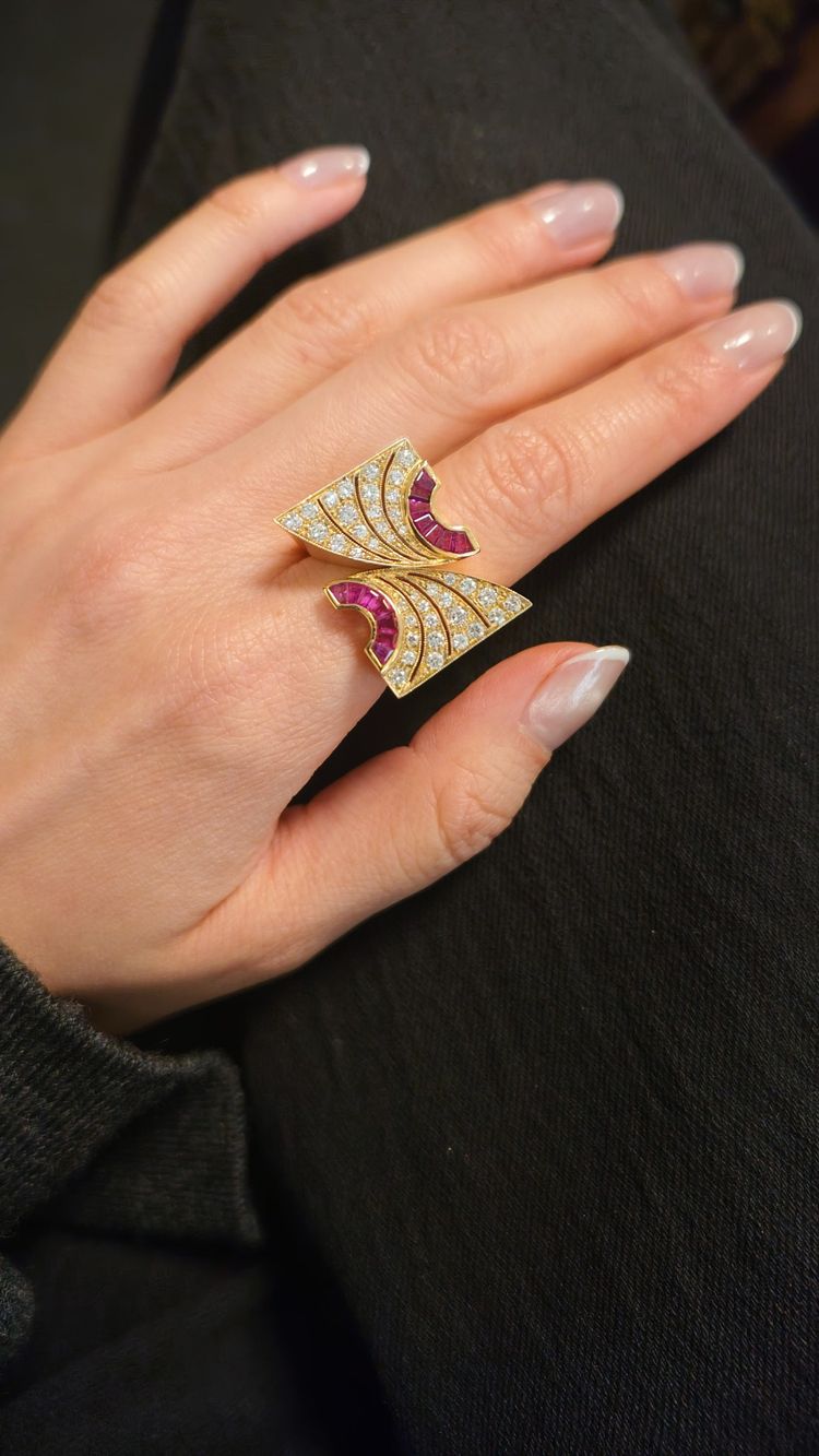 18k Yellow Gold, Diamond, and Ruby Tank Ring, 1980s–1990s
