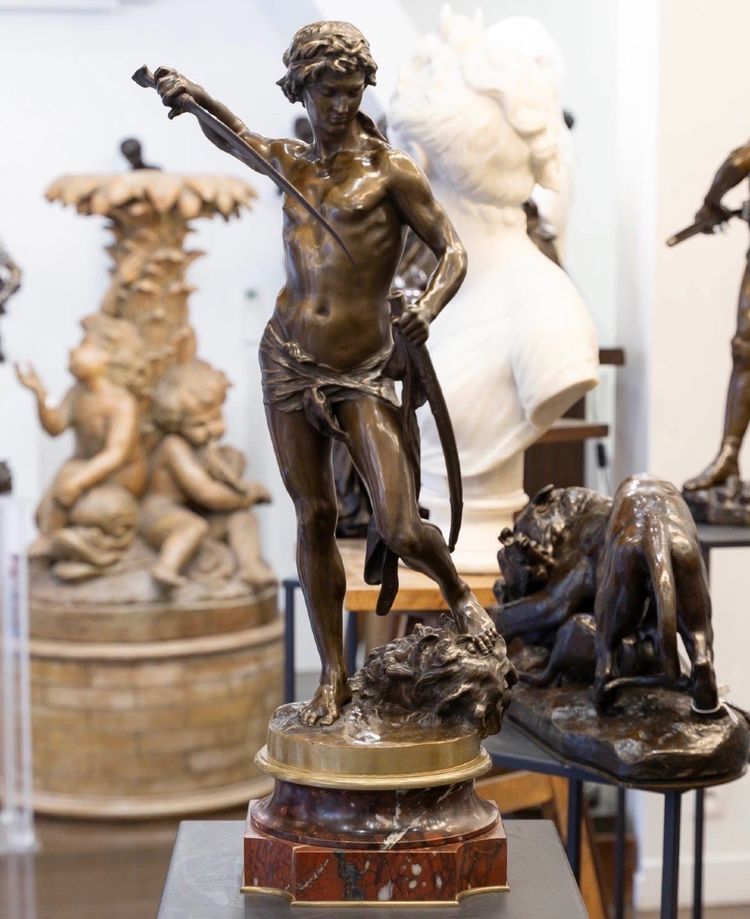 SCULPTURE - DAVID DEFEATING GOLIATH , LOUIS GOSSIN (1846–1928) - BRONZE 