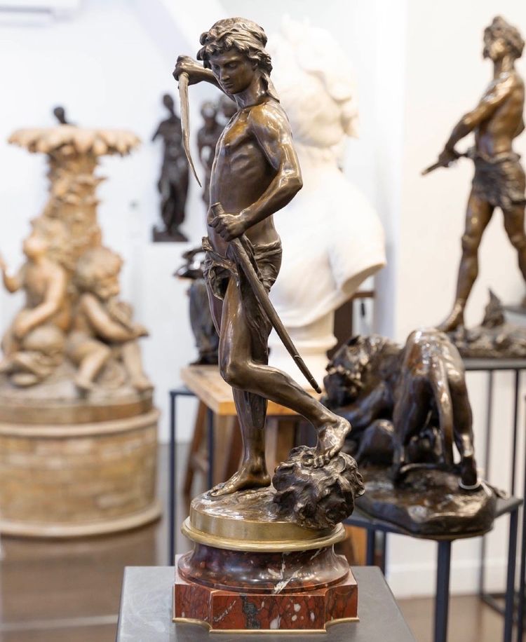 SCULPTURE - DAVID DEFEATING GOLIATH , LOUIS GOSSIN (1846–1928) - BRONZE 