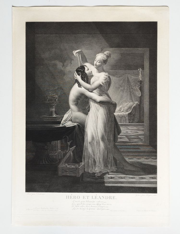 Ero e Leandro, incisione mitologica neoclassica tratta da un'opera di Delorme, XIX secolo.