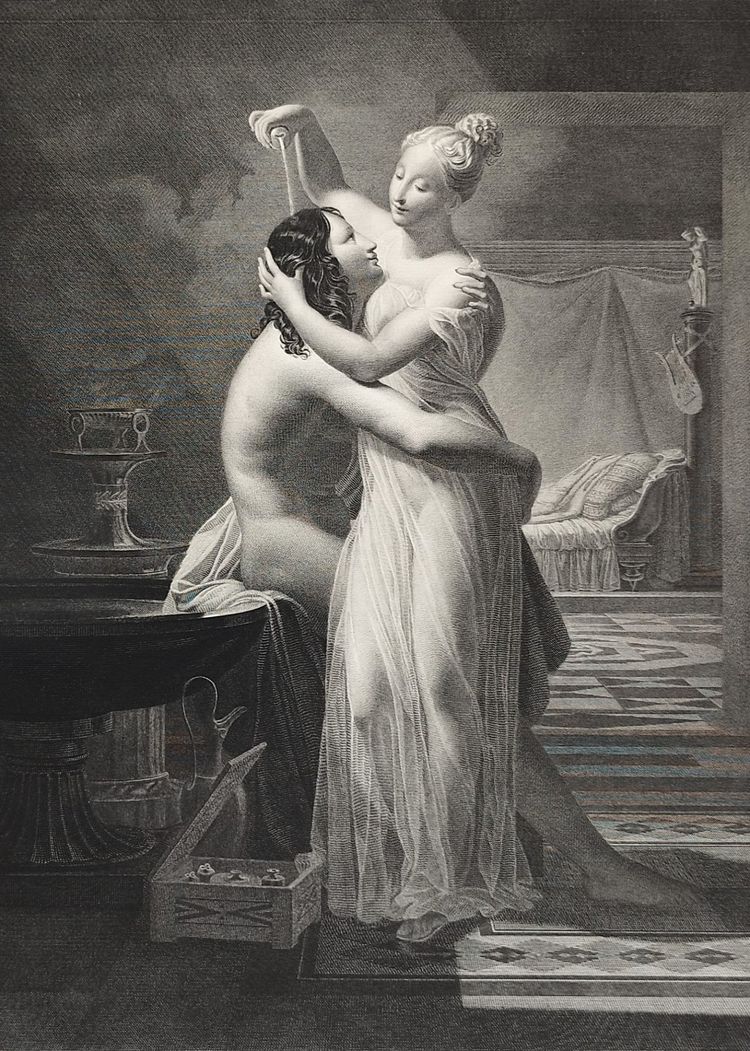 Ero e Leandro, incisione mitologica neoclassica tratta da un'opera di Delorme, XIX secolo.