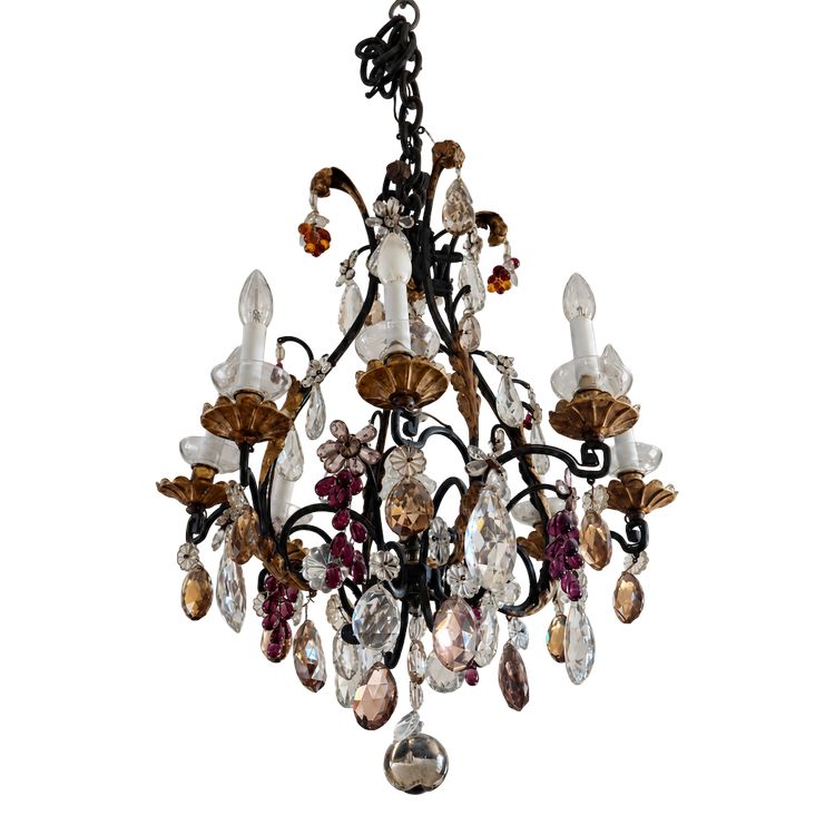 Lustre cage à pampilles et fruits en verre, Maison Baguès, six lumières